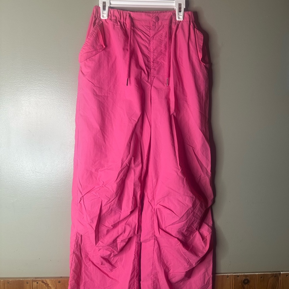 Rolanko Hot Pink Nylon Cargo Pants Streetwear Y2K Parachute Style 16 170